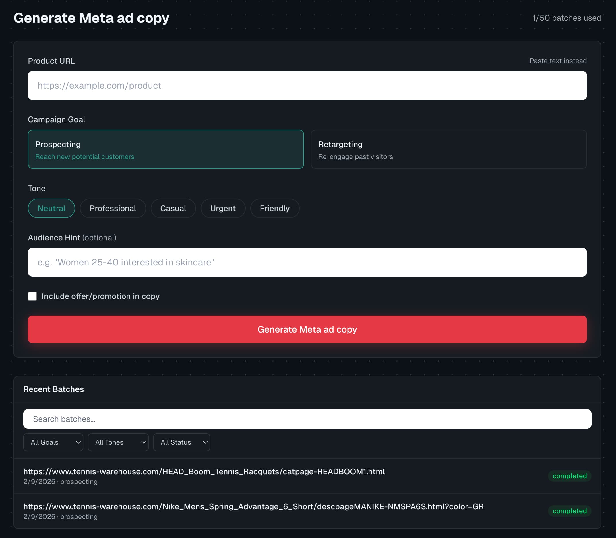 AdCopyStyles dashboard showing Meta ad copy generation interface