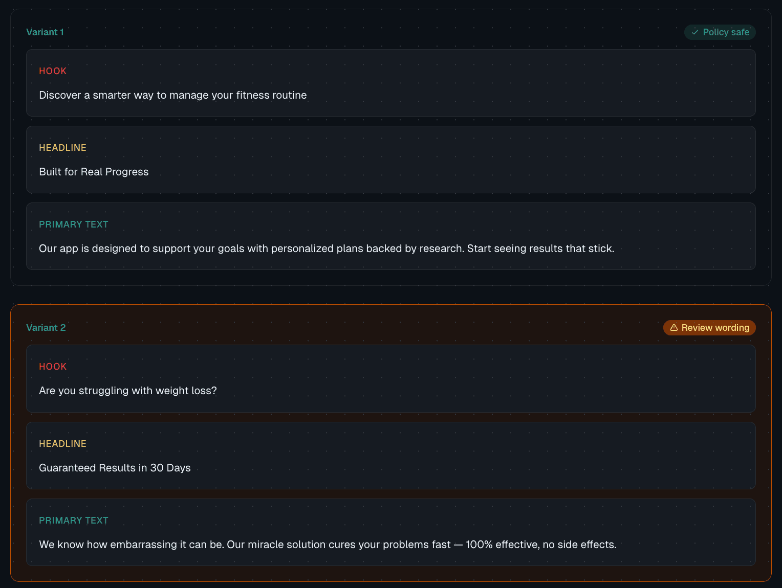 AdCopyStyles dashboard showing variant cards with Policy safe and Review wording badges